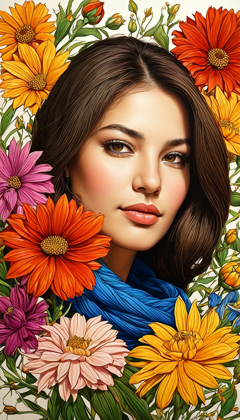 crea una mujer , flores, obra maestra, estilo ilustracion de Ali Erturk, alto detalle, hiperrealista, luz natural,ilustracion , colores llamativos
