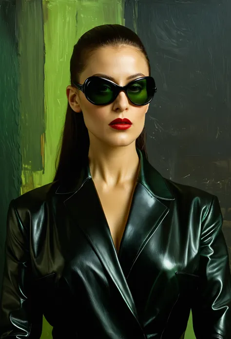 (((iconic movie matrix woman black with a black sunglasses and dark lleather suits,confident expressions but extremely beautiful...