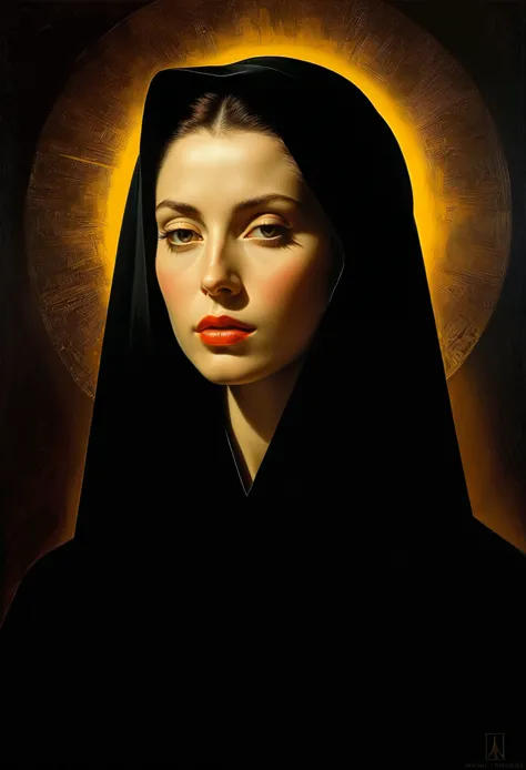 Iconic Lady in darkness sunny colors but extremely beautiful,masterpiece,religious, minimalist,mysterious hyperrealistic, Monoch...