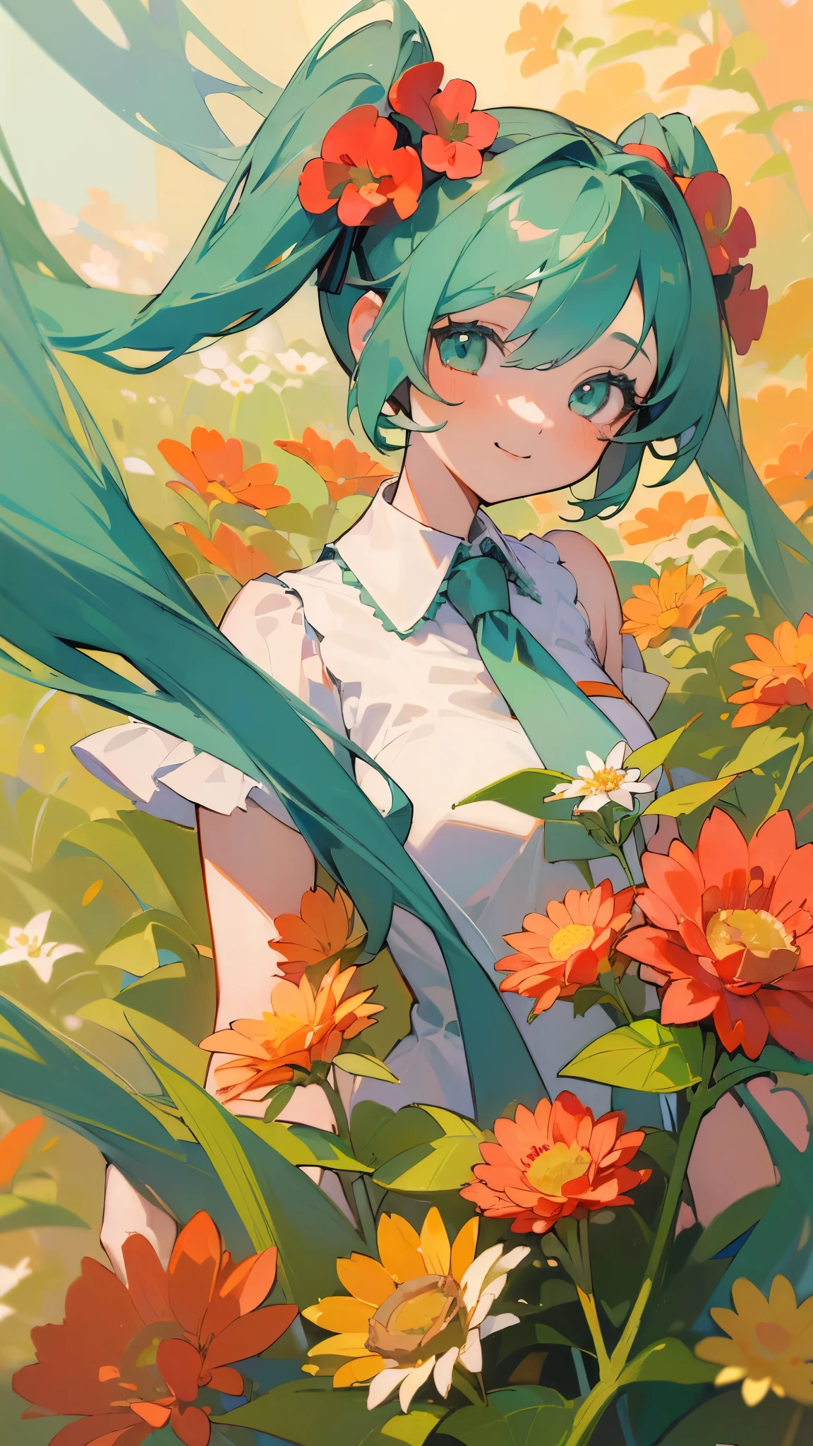 (masterpiece, highest quality, High resolution:1.4), One girl, ((unity 8k wallpaper, figure, Yuri_\(flower\), Beautiful and delicate girl)), Hatsune Miku, Twin tails, Green Eyes, Small breasts, flower field, flower, red flower, plant, flower field, smile,
