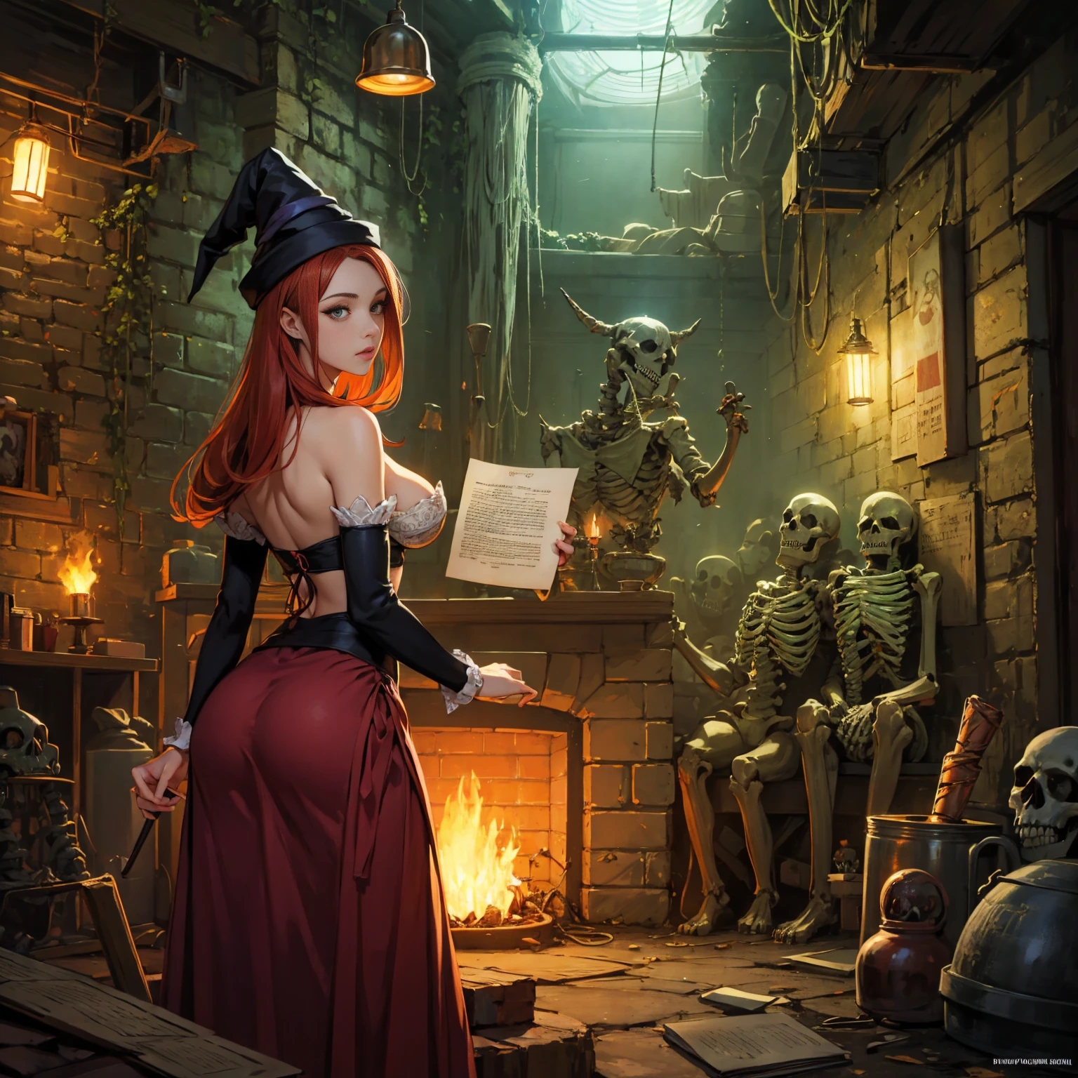 semi-realistic, anime style, 1woman reading an old scroll, (curvy body:0.8), neon lighting, dcSorcwitch hat, strapless dress, detached sleeves, FanUn, highly detailled backround, in abandonned subway, a fantasy underground laboratory, with cauldron, fireplace, torch lights on walls, scroll, grimoire, skeleton, moss on the wall, 