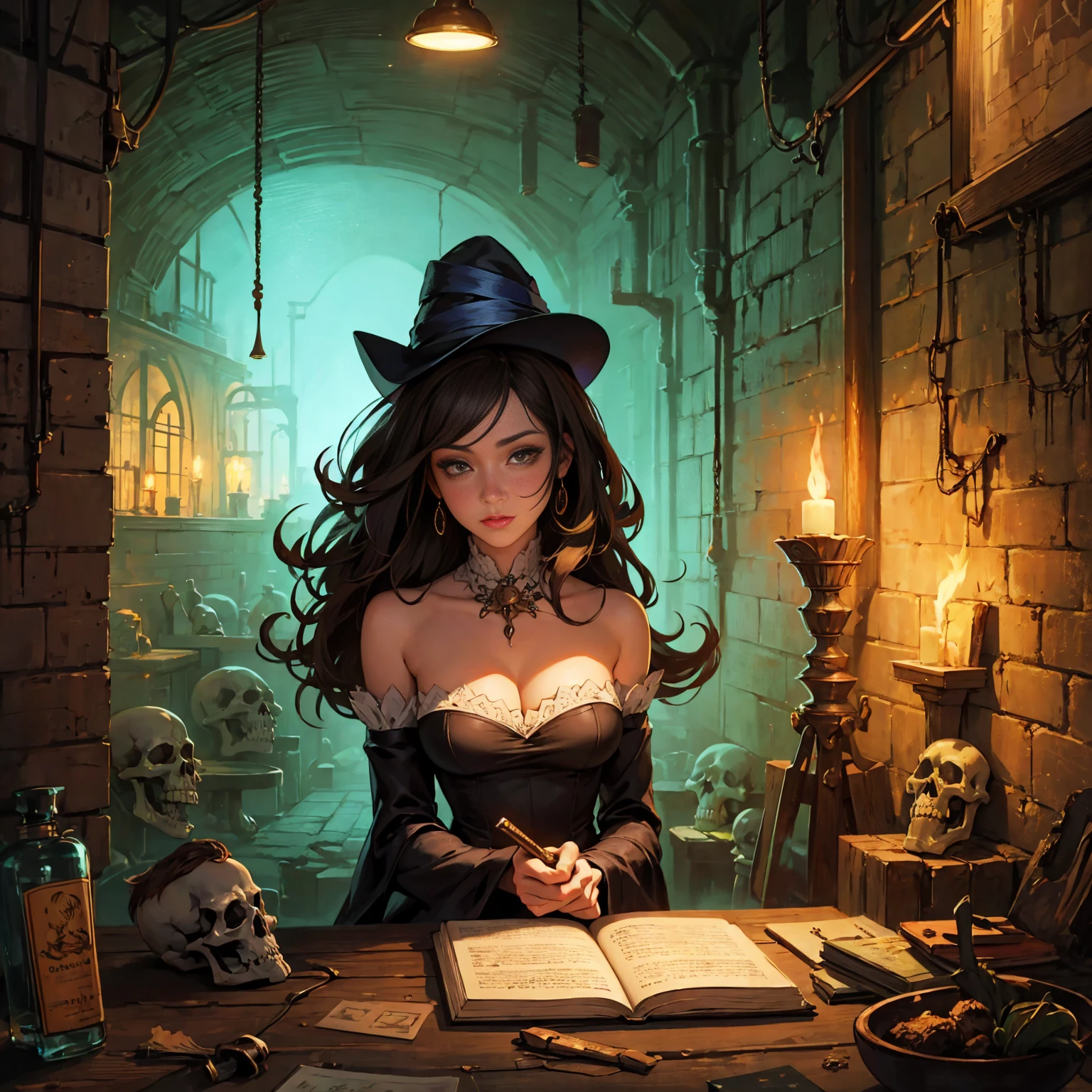 semi-realistic, anime style, 1woman reading an old scroll, (curvy body:0.8), neon lighting, dcSorcwitch hat, strapless dress, detached sleeves, FanUn, highly detailled backround, in abandonned subway, a fantasy underground laboratory, with cauldron, fireplace, torch lights on walls, scroll, grimoire, skeleton, moss on the wall, 