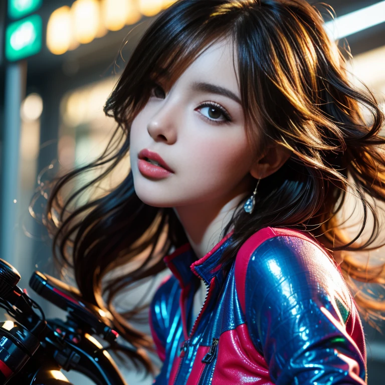 (highest quality、4K、8k、High resolution、masterpiece: 1.2)、Very detailed、(Genuine、Realistic、Realistic: 1.37)、photograph、(Front and side close-up of face:1.7)、((Young and very beautiful woman))、The woman is wearing protective clothing、(Riding a bike and galloping)、(Lean the bike into a corner)、(Flowing hair and flowing clothes、background、Motion Blur Effect:1.37)、spark、Incandescent bulb、Neon color、Future City、Vibrant Street、Light reflections on wet sidewalk、Skyscraper、Sculptural architecture、Holographic Signage、Stylish and sophisticated design、Blurred motion of speeding cars、energy and excitement in the air、(Windy atmosphere)、Moonlit cityscape、Sure Future Motorcycle