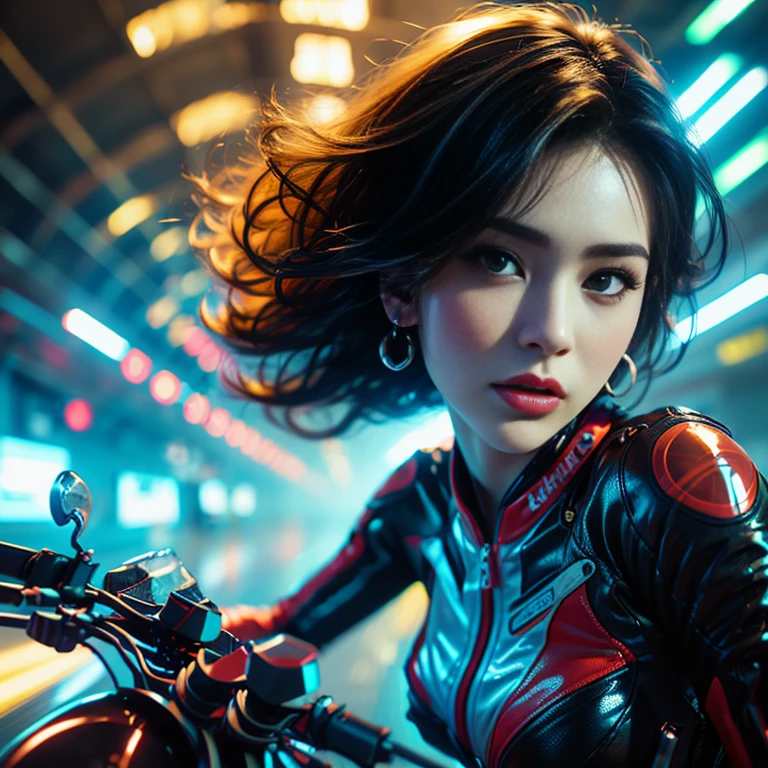 (highest quality、4K、8k、High resolution、masterpiece: 1.2)、Very detailed、(Genuine、Realistic、Realistic: 1.37)、photograph、(Front and side close-up of face:1.7)、((Young and very beautiful woman))、The woman is wearing protective clothing、(Ride a motorcycle and race)、(Leaning the motorcycle into a corner)、(Flowing hair and flowing clothes、background、Motion Blur Effect:1.37)、spark、Incandescent bulb、Neon color、Future City、Vibrant Street、Light reflections on wet sidewalk、Skyscraper、Sculptural architecture、Holographic Signage、Stylish and sophisticated design、Blurred motion of speeding cars、energy and excitement in the air、(Windy atmosphere)、Moonlit cityscape、Sure Future Motorcycle