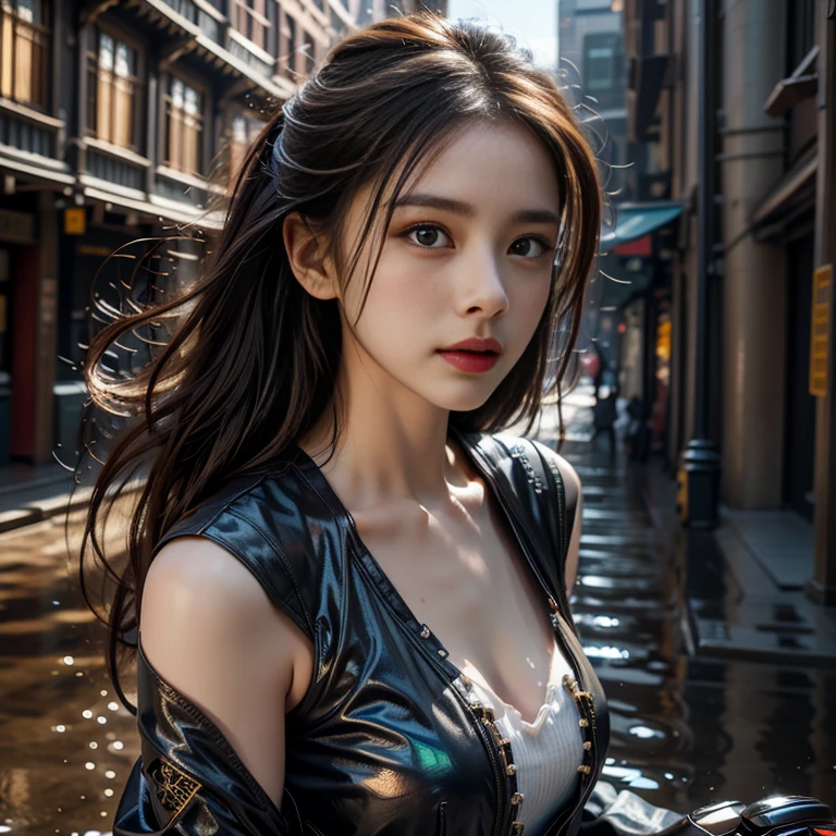 (highest quality、4K、8k、High resolution、masterpiece: 1.2)、Very detailed、(Genuine、Realistic、Realistic: 1.37)、photograph、(Front and side close-up of face:1.7)、((Young and very beautiful woman))、The woman is wearing protective clothing、(Ride a motorcycle and race)、(Leaning the motorcycle into a corner)、(Flowing hair and flowing clothes、background、Motion Blur Effect:1.37)、spark、Incandescent bulb、Neon color、Future City、Vibrant Street、Light reflections on wet sidewalk、Skyscraper、Sculptural architecture、Holographic Signage、Stylish and sophisticated design、Blurred motion of speeding cars、energy and excitement in the air、(Windy atmosphere)、Moonlit cityscape、Sure Future Motorcycle