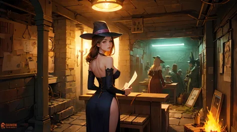 semi-realistic, anime style, 1woman reading an old scroll, (curvy body:0.8), neon lighting, dcSorcwitch hat, strapless dress, de...