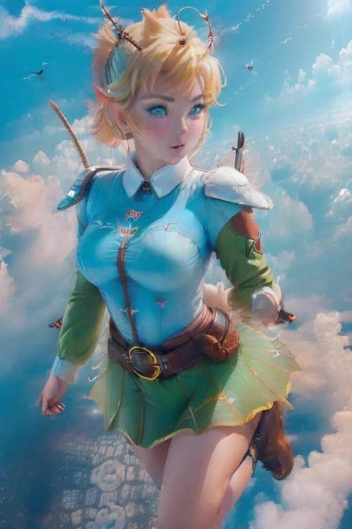 masterpiece, 8k, Perfect lighting, ,Adult , woman, View Viewer, Cinema Lighting, Cowboy Shot,  (Tinkerbell:1.5),( (TinkerbellWaifu:1.1)), Single hair bun, (緑のwinter用コート), (Green clothes), ((Clothes made from leaves)), Pointed Ears, blue eyes, (Fine grain:1.2), blush, Shrank,(((Flying in the sky))), (((fly in the sky:1.8))), cloud, , winter, snow,   