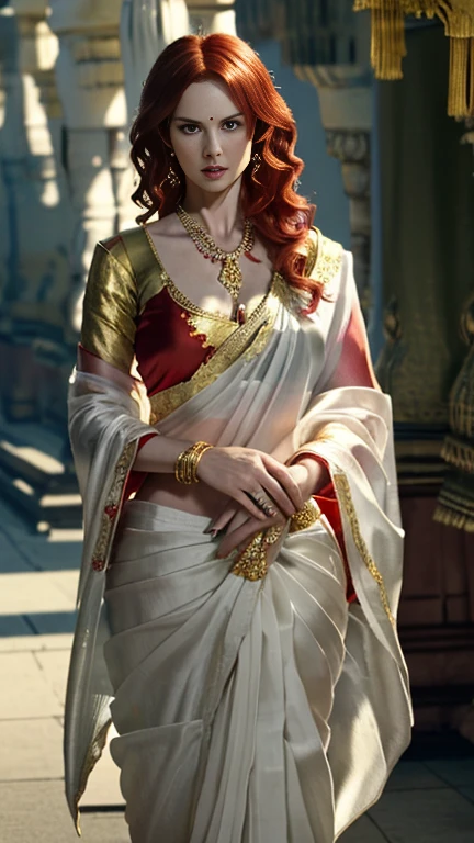 Photorealistic Production, (One Person), (Realistic Image of a 25 Years Old British Female Model), (Shoulder-level Wavy Red Hair:1.6), (Pale Skin:1.4), (Wearing a White Ornated saree with Silk Cloth and Golden Jeweleries:1.6), (Serious Face), (Deep Cleavage), (Elegant Pose:1.4), Centered, (Waist-up Shot:1.4), From Front Shot, Insane Details, Intricate Face Detail, Intricate Hand Details, Cinematic Shot and Lighting, Realistic Colors, Masterpiece, Sharp Focus, Ultra Detailed, Taken with DSLR camera, Realistic Photography, Depth of Field, Incredibly Realistic Environment and Scene, Master Composition and Cinematography