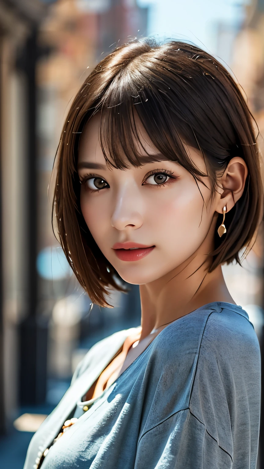 (hig彼st quality、8k、32k、masterpiece)、(Realistic)、(Realistic:1.2)、(High resolution)、(Random composition:1.6), Very detailed、Very beautiful face and eyes、1 girl、Delicate body、(hig彼st quality、Attention to detail、Rich skin detail)、(hig彼st quality、8k、Oil paints:1.2)、Very detailed、(Realistic、Realistic:1.37)、Bright colors, (Casual Fashion:1.3), Blunt bangs, 