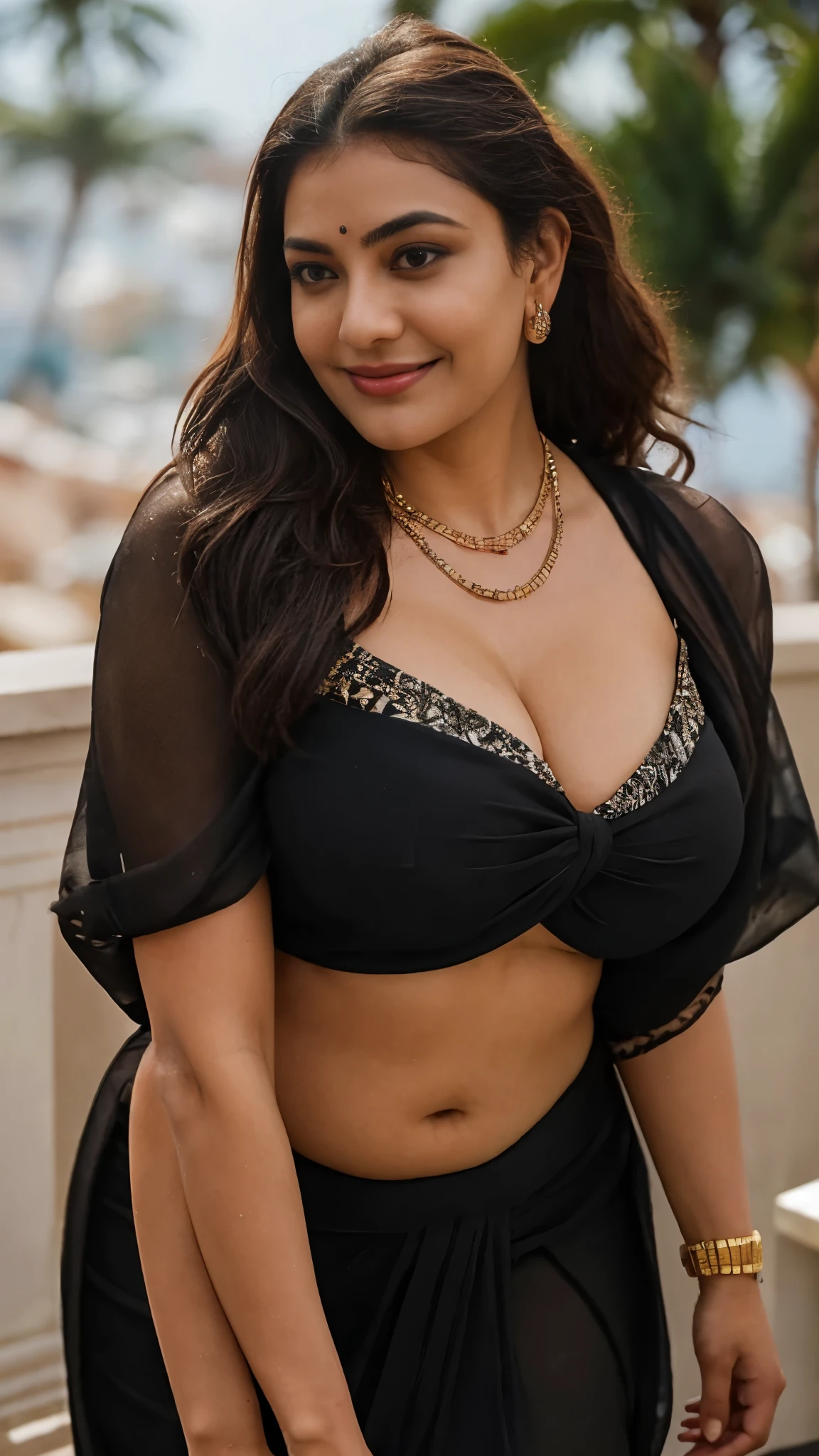 Anusha hot cleavage photos in black sari - SeaArt AI