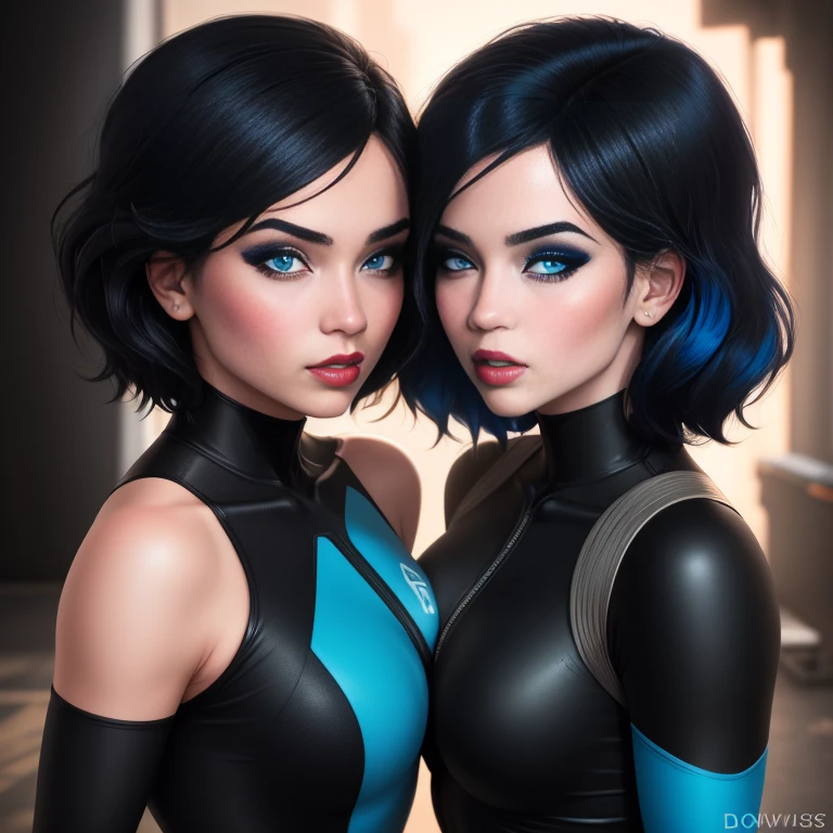 A stunning intricate full color portrait of Domino, marveldomino, colored skin, makeup, black hair, blue eyes, wearing a tight black and blue bodysuit, seductive, portrait, by ilya kuvshinov, alessio albi, nina masic, sharp focus, natural lighting, subsurface scattering, f2, 35mm, film grain, 