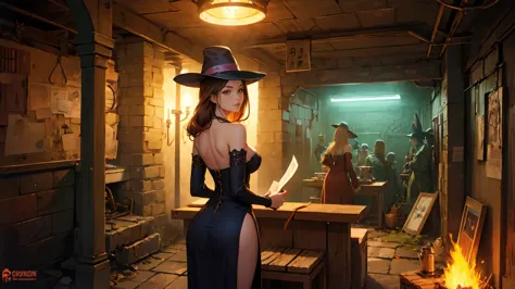 semi-realistic, anime style, 1woman reading an old scroll, (curvy body:0.8), neon lighting, dcsorcwitch hat, strapless dress, de...