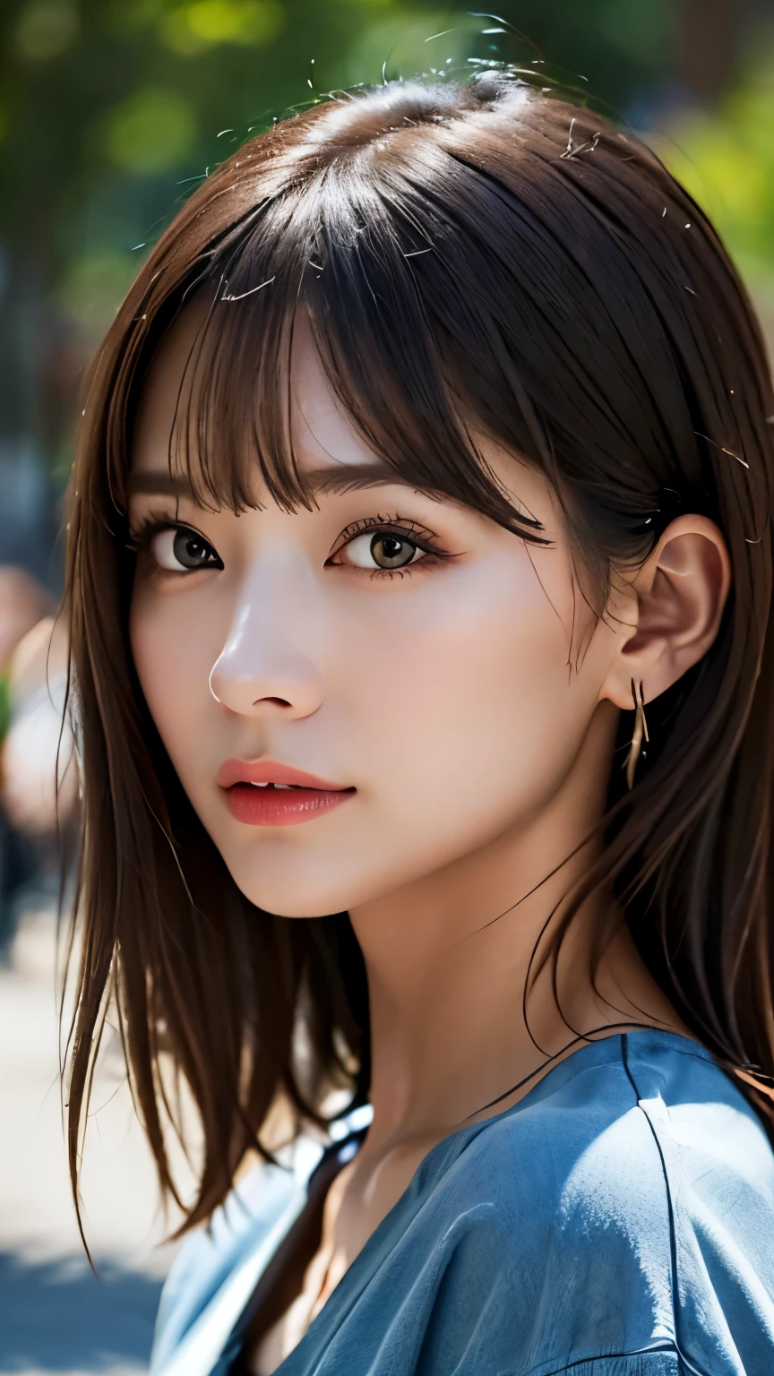 (hig彼st quality、8k、32k、masterpiece)、(Realistic)、(Realistic:1.2)、(High resolution)、(Random composition:1.6), Very detailed、Very beautiful face and eyes、1 girl、Delicate body、(hig彼st quality、Attention to detail、Rich skin detail)、(hig彼st quality、8k、Oil paints:1.2)、Very detailed、(Realistic、Realistic:1.37)、Bright colors, (Casual Fashion:1.3), Blunt bangs, 