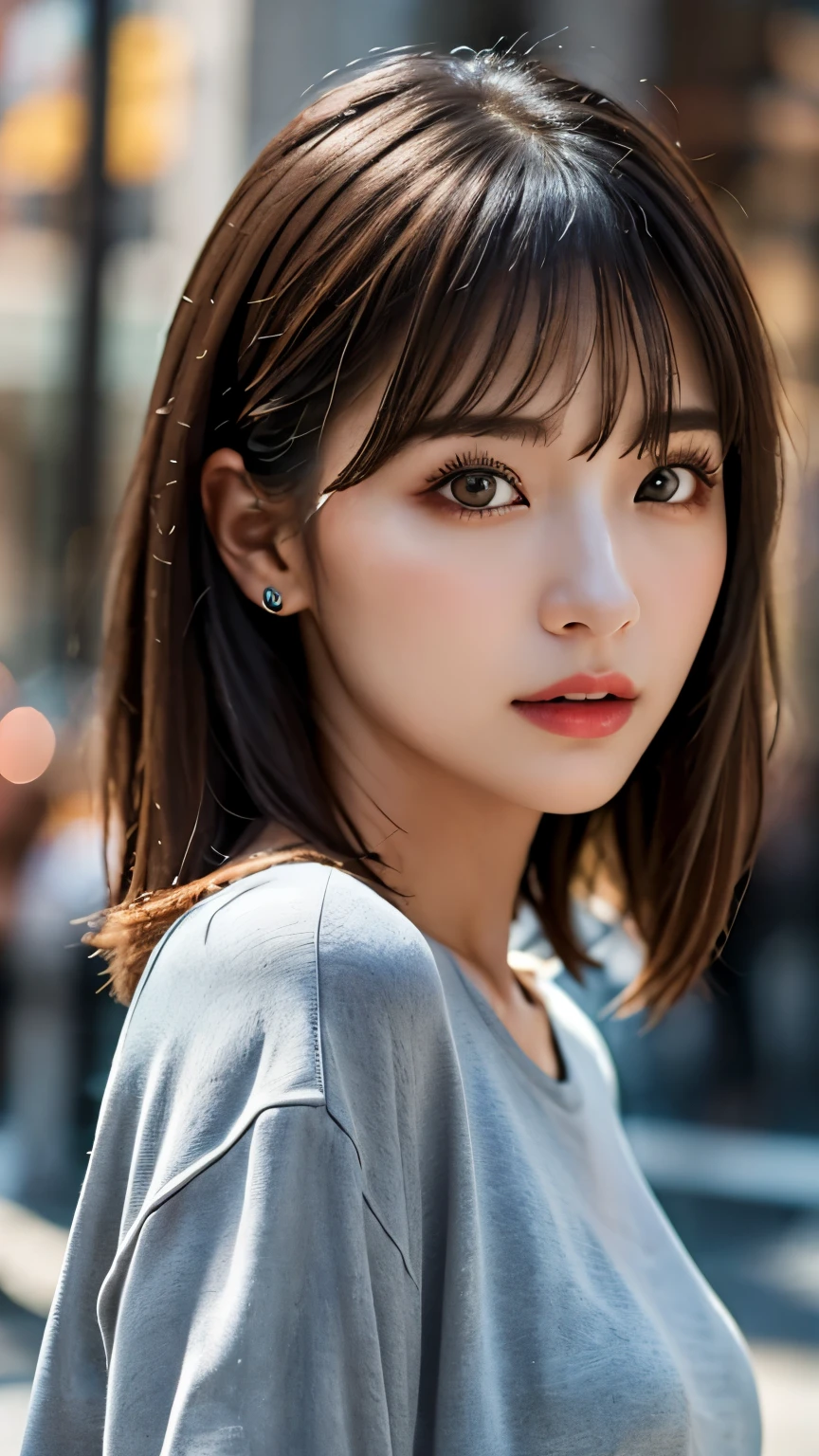 (hig彼st quality、8k、32k、masterpiece)、(Realistic)、(Realistic:1.2)、(High resolution)、((Random composition:1.6)), Very detailed、Very beautiful face and eyes、1 girl、Delicate body、(hig彼st quality、Attention to detail、Rich skin detail)、(hig彼st quality、8k、Oil paints:1.2)、Very detailed、(Realistic、Realistic:1.37)、Bright colors, (Casual Fashion:1.3), Blunt bangs, 