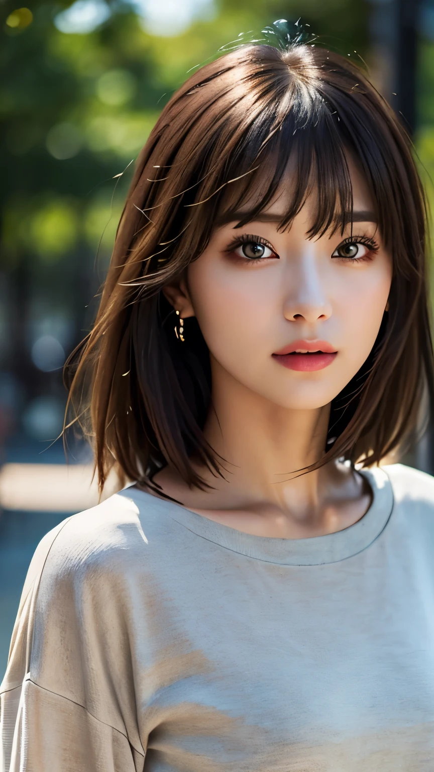 (hig彼st quality、8k、32k、masterpiece)、(Realistic)、(Realistic:1.2)、(High resolution)、((Random composition:1.6)), Very detailed、Very beautiful face and eyes、1 girl、Delicate body、(hig彼st quality、Attention to detail、Rich skin detail)、(hig彼st quality、8k、Oil paints:1.2)、Very detailed、(Realistic、Realistic:1.37)、Bright colors, (Casual Fashion:1.3), Blunt bangs, 