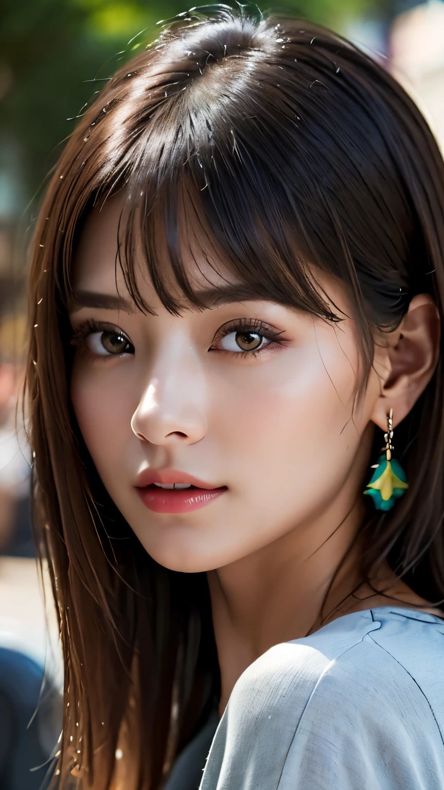 (hig彼st quality、8k、32k、masterpiece)、(Realistic)、(Realistic:1.2)、(High resolution)、((Random composition:1.6)), Very detailed、Very beautiful face and eyes、1 girl、Delicate body、(hig彼st quality、Attention to detail、Rich skin detail)、(hig彼st quality、8k、Oil paints:1.2)、Very detailed、(Realistic、Realistic:1.37)、Bright colors, (Casual Fashion:1.3), Blunt bangs, 