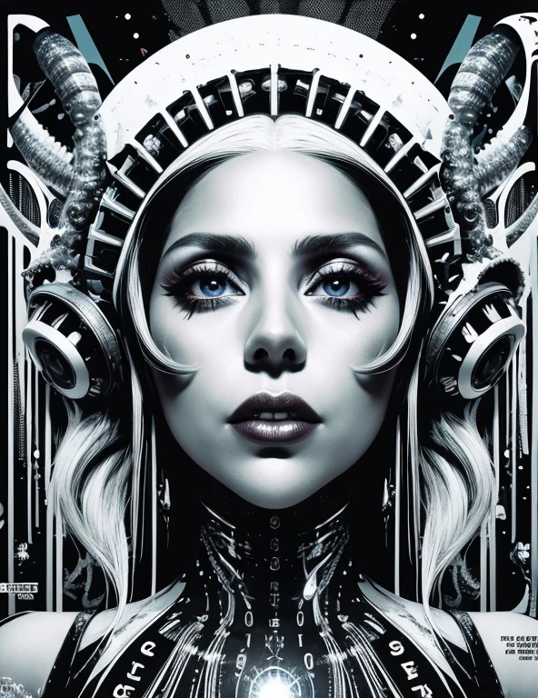 Lady Gaga im Stil von Lovecraft, sexy Cyborg Körperteil, Zeitschriftencover, poster art , Kreative Kreaturen im Stil von Lovecraft, Hauch von lebendigen, fetter großer Text, mattiertes Design-Layout. technologische Elemente, kosmische Angst, Geräuschhintergrund