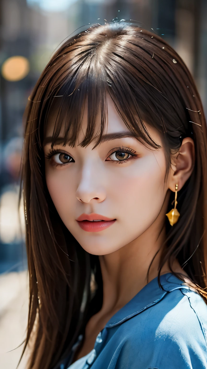 (hig彼st quality、8k、32k、masterpiece)、(Realistic)、(Realistic:1.2)、(High resolution)、((Random composition:1.6)), Very detailed、Very beautiful face and eyes、1 girl、Delicate body、(hig彼st quality、Attention to detail、Rich skin detail)、(hig彼st quality、8k、Oil paints:1.2)、Very detailed、(Realistic、Realistic:1.37)、Bright colors, (Casual Fashion:1.3), Blunt bangs, 