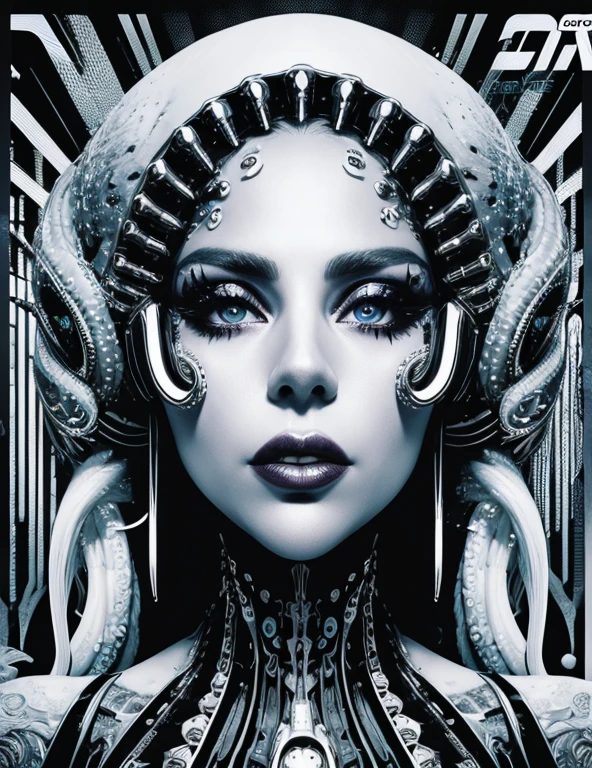 Лавкрафтовская Леди Гага, сексуальная часть тела киборга, обложка журнала, Плакат , Лавкрафтовские творческие существа, намек на яркий, жирный огромный текст, матовый дизайн-макет. технологические элементы, космический страх, шумовой фон