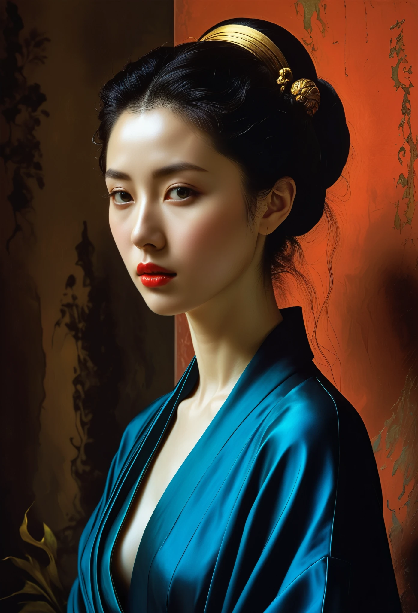  (((Iconic Lady in darkness sunny colors but extremely beautiful))) (((masterpiece,religious, minimalist,mysterious hyperrealistic))) (((Monochrome solid colors))) (((Gorgeous,sophisticated))) (((by Michael Curtiz style,by caravaggio style))),digital artwork by Beksinski，Zhao Liying，Liu Shishi，Liu Yifei