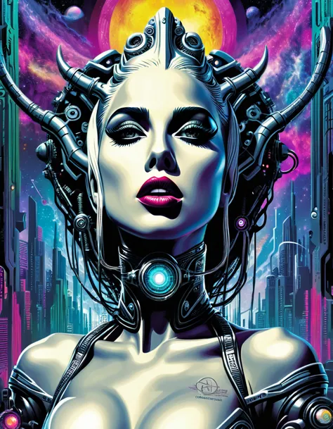 Lovecraftian Lady gaga, sexy cyborg body part, magazine cover, poster art , Lovecraftian creative creatures, hint of vibrant, bo...
