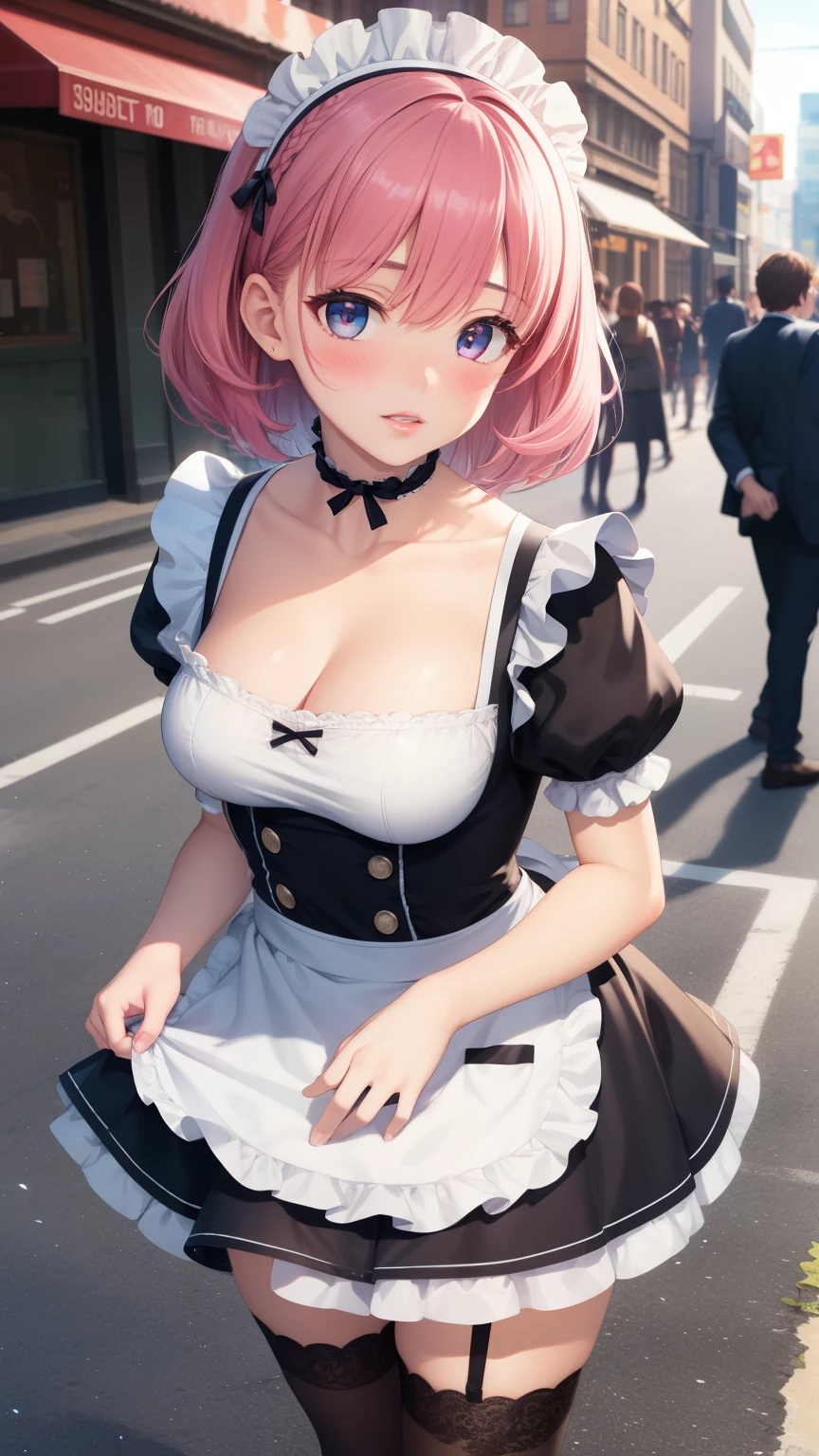 1girl, natural lighting, masterpiece, highly detailed, illustration, game CG, absurdres, high quality, aichan, large breasts, beautiful detailed eyes, medium bright pink hair, bangs, glossy lips, lips parted, blush, city street, maid, short puffy sleeves, small maid apron, thigh highs, collarbone, cleavage, (crowd)