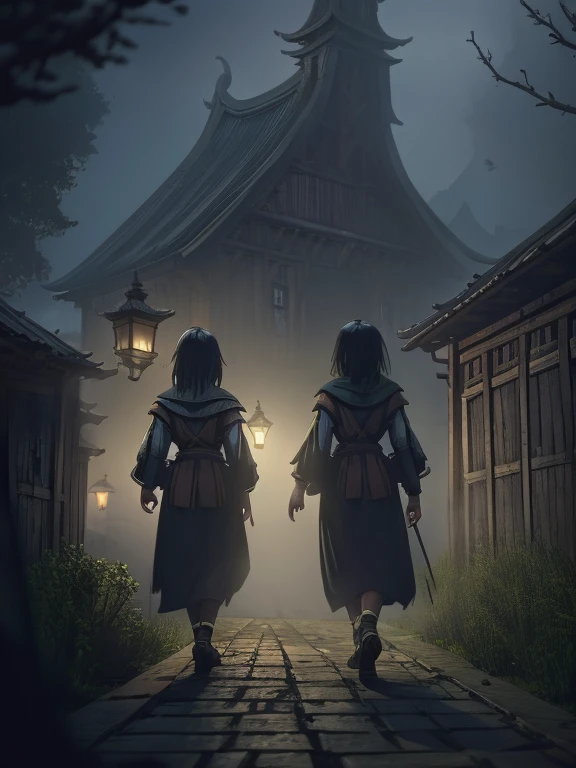 horror anime, adventure, cinematic, dramatic, back view, full body, dynamic view, medium far angle, low fog effect, HD8K quality, two peasant girls walking in a medieval European village, using lanterns in the fog, dark and mysterious environment,