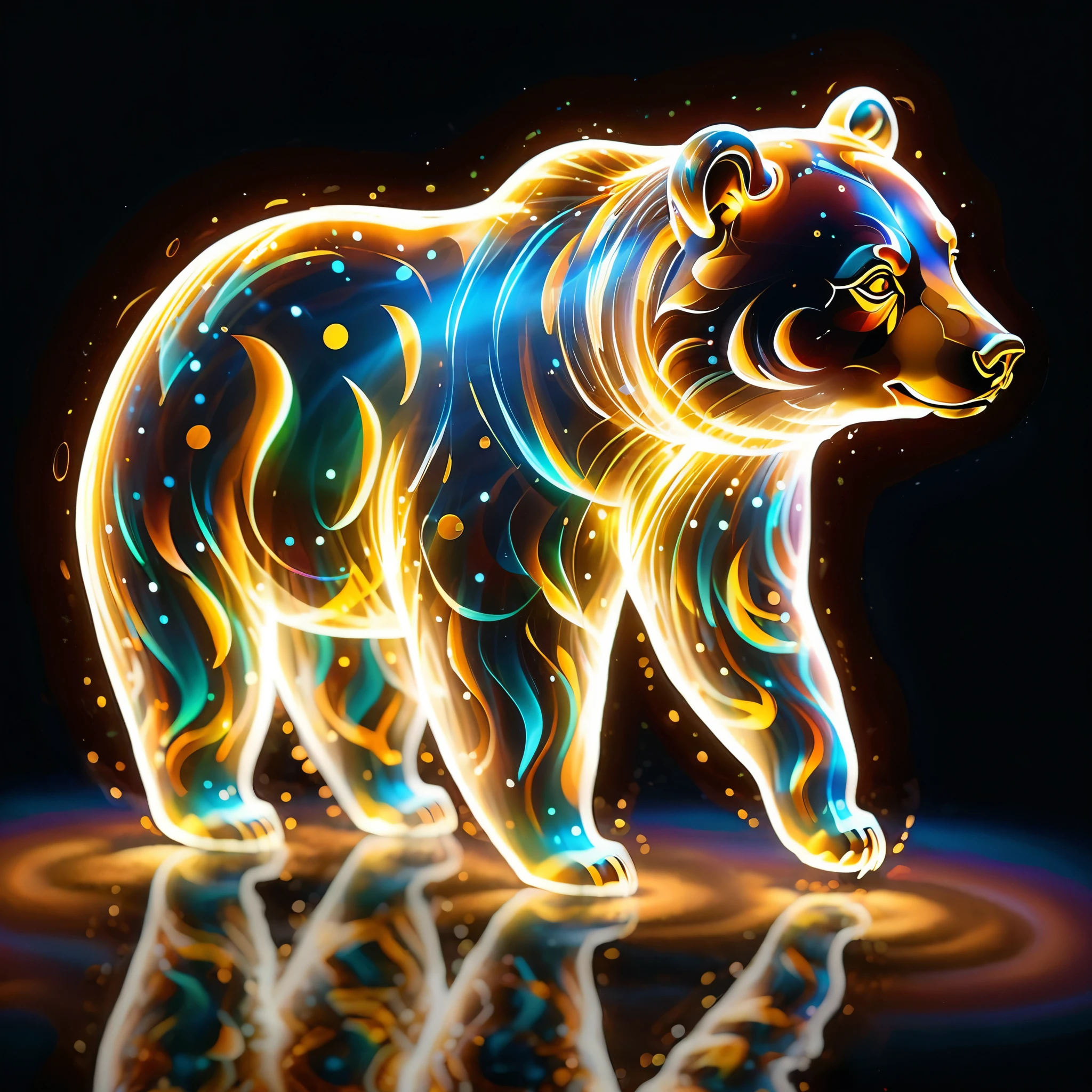 Glowing energy forms the shapes of a cute bear, forming intricate patterns that seem to ripple and shift with the passage of time.