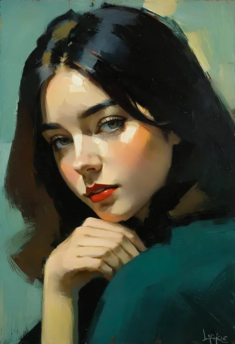 Create an evocative oil painting inspired by Malcolm Liepke, based on the provided image. Capture the intense, introspective exp...