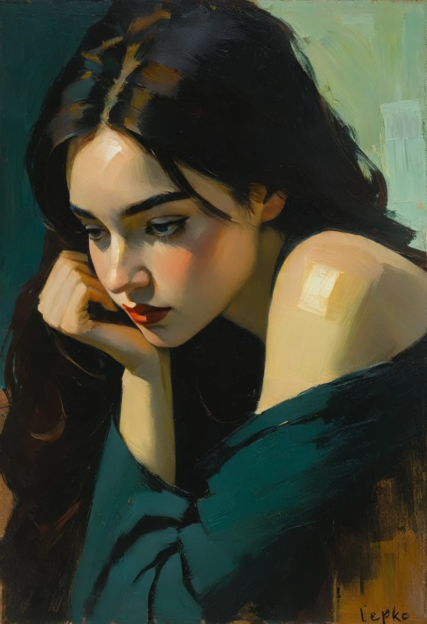 Crie uma pintura a óleo evocativa inspirada em Malcolm Liepke, com base na imagem fornecida. Capture o intenso, expressão introspectiva do jovem sujeito usando espessura, Incorpore tons terrosos, azuis profundos, e marrons quentes para criar uma composição harmoniosa e convidativa. Destaque a profundidade emocional e a vulnerabilidade no olhar do sujeito, enfatizando o jogo de luz e sombra em seu rosto. Mantenha uma simplicidade, fundo texturizado que complementa a presença contemplativa do sujeito. Concentre-se na qualidade tátil da tinta a óleo para transmitir a emoção crua e a intimidade características do estilo de Liepke.