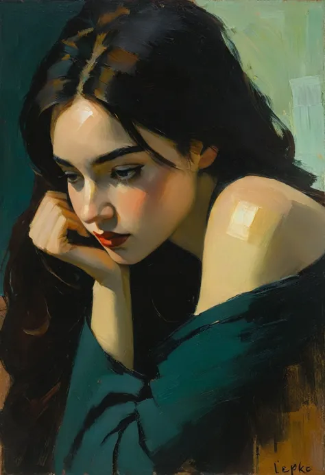 Create an evocative oil painting inspired by Malcolm Liepke, based on the provided image. Capture the intense, introspective exp...