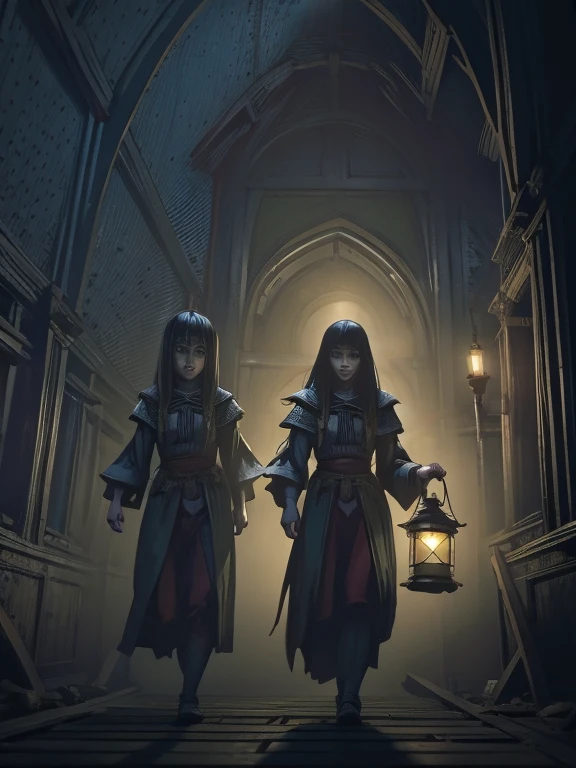 horror anime, adventure, cinematic, dramatic, back view, full body, dynamic view, medium far angle, low fog effect, HD8K quality, two peasant girls walking in a medieval European village, using lanterns in the fog, dark and mysterious environment,