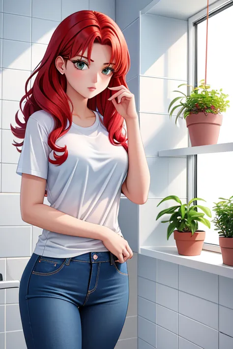 A young 19-year-old redhead stands in front of a broken mirror in the bathroom. Her bright red hair falls in curls over her shou...