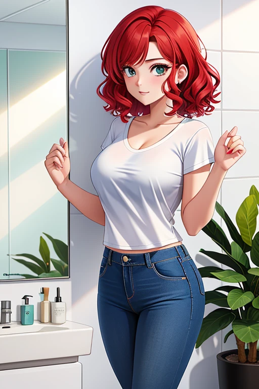 A young 19-year-old redhead stands in front of a broken mirror in the bathroom. Her bright red hair falls in curls over her shoulders. She wears a simple white T-shirt and faded jeans. Her face is close to the mirror, her eyes intense greens focused on her distorted reflection. The broken mirror creates irregular patterns on her pale skin. She appears pensive, perhaps reflecting on her own image and identity. The environment is simple, with white tiles on the walls and a pot of green plants in the corner. The scene conveys a sense of intimacy and introspection.