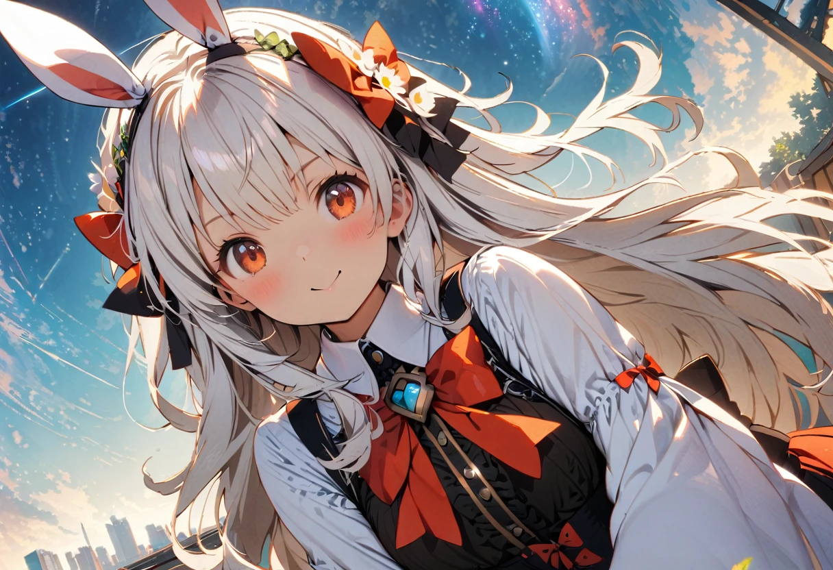quality\(8k,wallpaper of extremely detailed CG unit, ​masterpiece,hight resolution,top-quality,top-quality real texture skin,hyper realisitic,increase the resolution,RAW photos,best qualtiy,highly detailed,the wallpaper\),cute pose,dynamic angle,background\(cosmic,milkyway\),[nsfw],(2female:1.4) AND 2female\(rabbit girl,cute,kawaii,small kid,(white hair:2.0),(long hair:1.6),(rabbit ear:2.0),rabbit ear is white,white long dress with frill,red eyes,big eyes,skin color white,big hairbow,smile,cute pose,dynamic angle\) AND 2female\(cute pose,dynamic angle\)