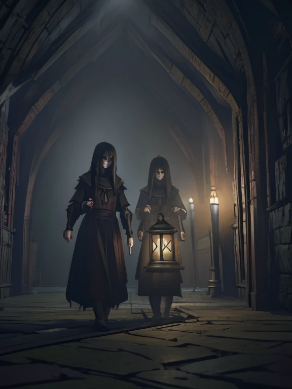 horror anime, adventure, cinematic, dramatic, back view, full body, dynamic view, medium far angle, low fog effect, HD8K quality, two peasant girls walking in a medieval European village, using lanterns in the fog, dark and mysterious environment,