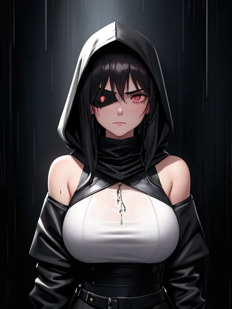 A 20-year-old girl, murderous, with dark hair and piercing eyes, wears a simple black hood that partially covers her face. She i...