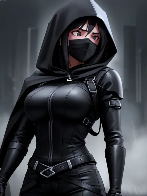 A 20-year-old girl, murderous, with dark hair and piercing eyes, wears a simple black hood that partially covers her face. She i...