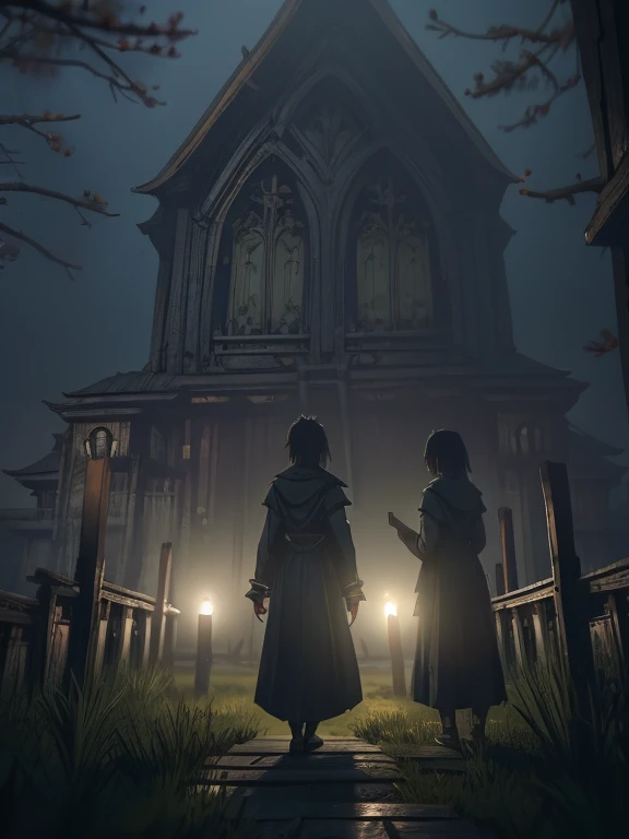 horror anime, adventure, cinematic, dramatic, back view, full body, dynamic view, medium far angle, low fog effect, HD8K quality, two peasant girls walking in a medieval European village, using lanterns in the fog, dark and mysterious environment,