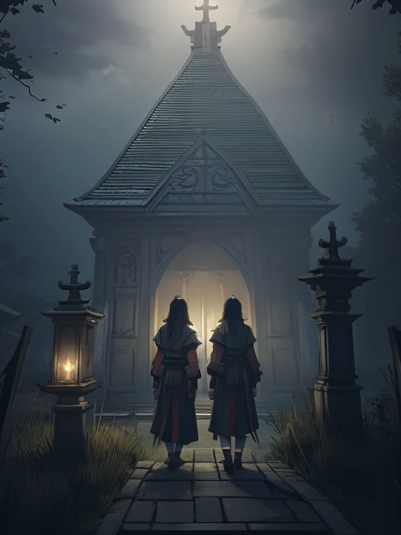 horror anime, adventure, cinematic, dramatic, back view, full body, dynamic view, medium far angle, low fog effect, HD8K quality, two peasant girls walking in a medieval European village, using lanterns in the fog, dark and mysterious environment,