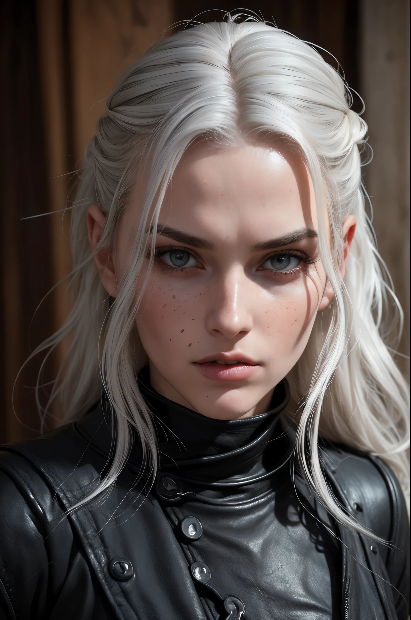 linda com longos cabelos brancos,olhos azuis como safiras, semelhanate a yennefer do jogo the witcher, She wears a black leather jacket and is in the middle of a fierce battle against enemy soldiers...., your face is stained with freckles, Your skin is white, and his expression is angry