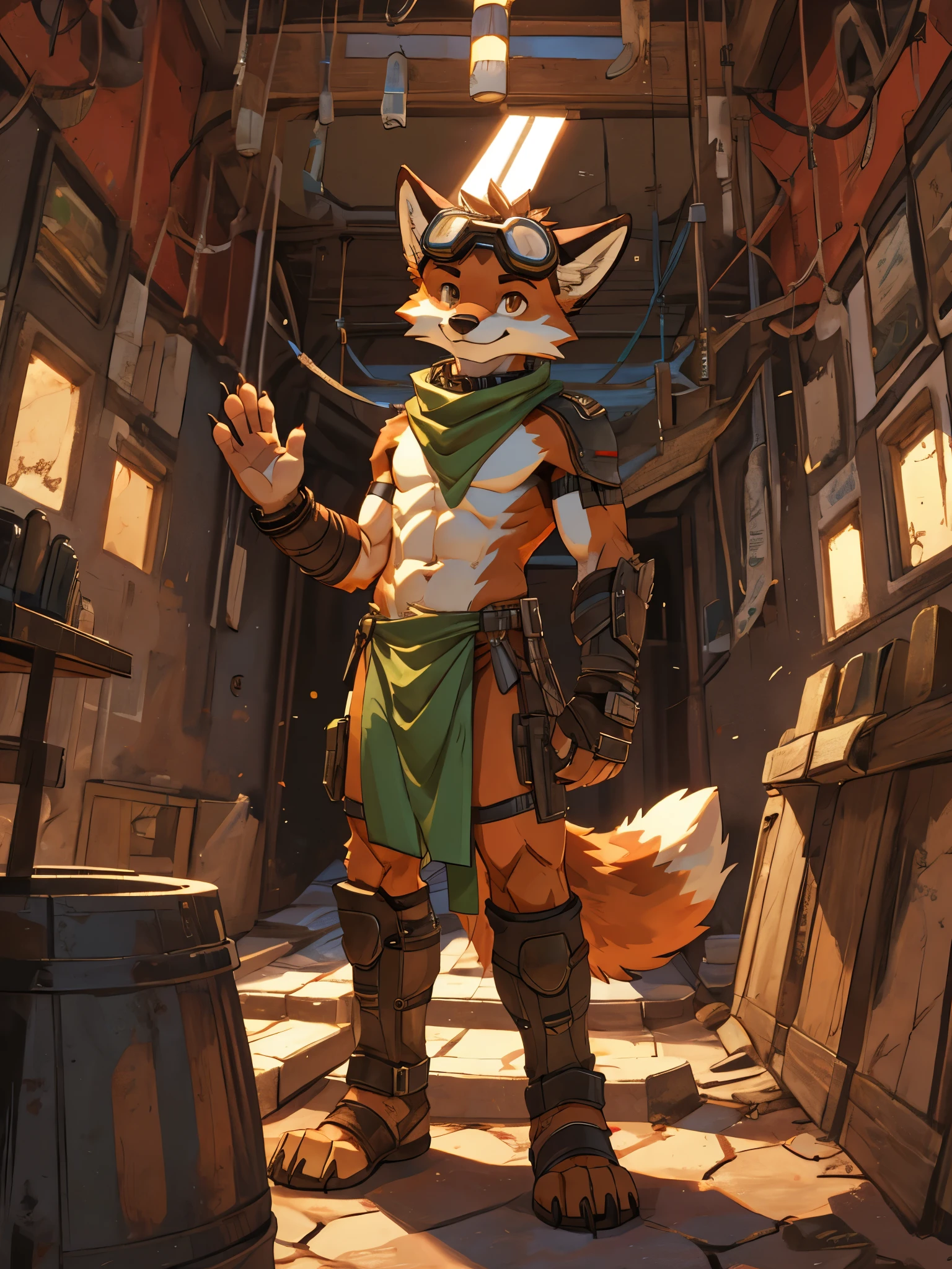 teen Furry, solo, furry, teenager, red fox, spiked brown hair only on head, collar, brown eyes, goggles, green loincloth, green scarf, elbow pads, knee pads, masterpiece, No muscles, Detailed hands, detailed face, detailed eyes, detailed body, Flat body, Skinny, claws, high resolution, metal cuffs on wrists, metal cuffs on ankles, no shirt, no underwear, waving