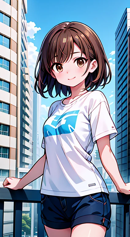 08:49:53 High Resolution 8K, Browsing Caution, Bright lighting, Anime Style, Film Portrait Photography, 1 Female, Dynamic Angle, Dynamic pose, Narrow Face, a smile, smile, Beautiful woman, ((Sexy Woman)), (((Brown Eyes, Short Hair, Brown Hair,))), Woman in white t-shirt, Adult women, Wear shorts, Animated characters in a scene from a balcony of a building with the sky in the background, Your Name movie style, Stills in TV anime, yourname, fiona staples and makoto shinkai, makoto shinkai and bioware, guweiz and makoto shinkai, Anime stills, Animated film stills, Anime movie screenshots, (Natural skin texture and vivid details, Ultra-realistic)