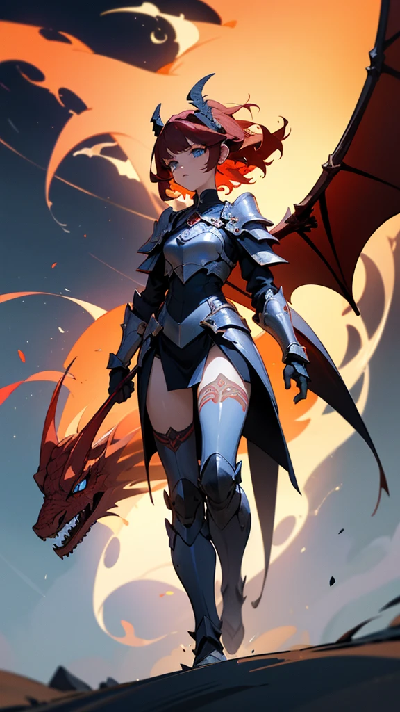 (masterpiece), (best quality), (high uqality), (8k), girl, (full-body), dragon armor, intricate details, red glow, short shilver hair, back messy hair, detailed hair strands, light blue eyes, dominance expression, walking in lesser caotic place as she rule the world, fire background, and dragons in the night sky, fierce aura, (high quality ilumination)