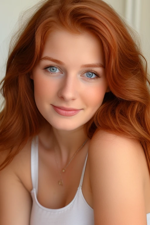 Faceportrait, (sweet redhead 22 year old Lisanne), ((Sensual look)), (((copper red wavy hair color))), sweet little nose, slight dimples, (grey eye colour), normal sized eyes, normal sized lips, small chin, recognizable skin texture, clear skin, dark blonde eyebrows, slightly protruding ears, small ears, slim little neck, white tank top, full body