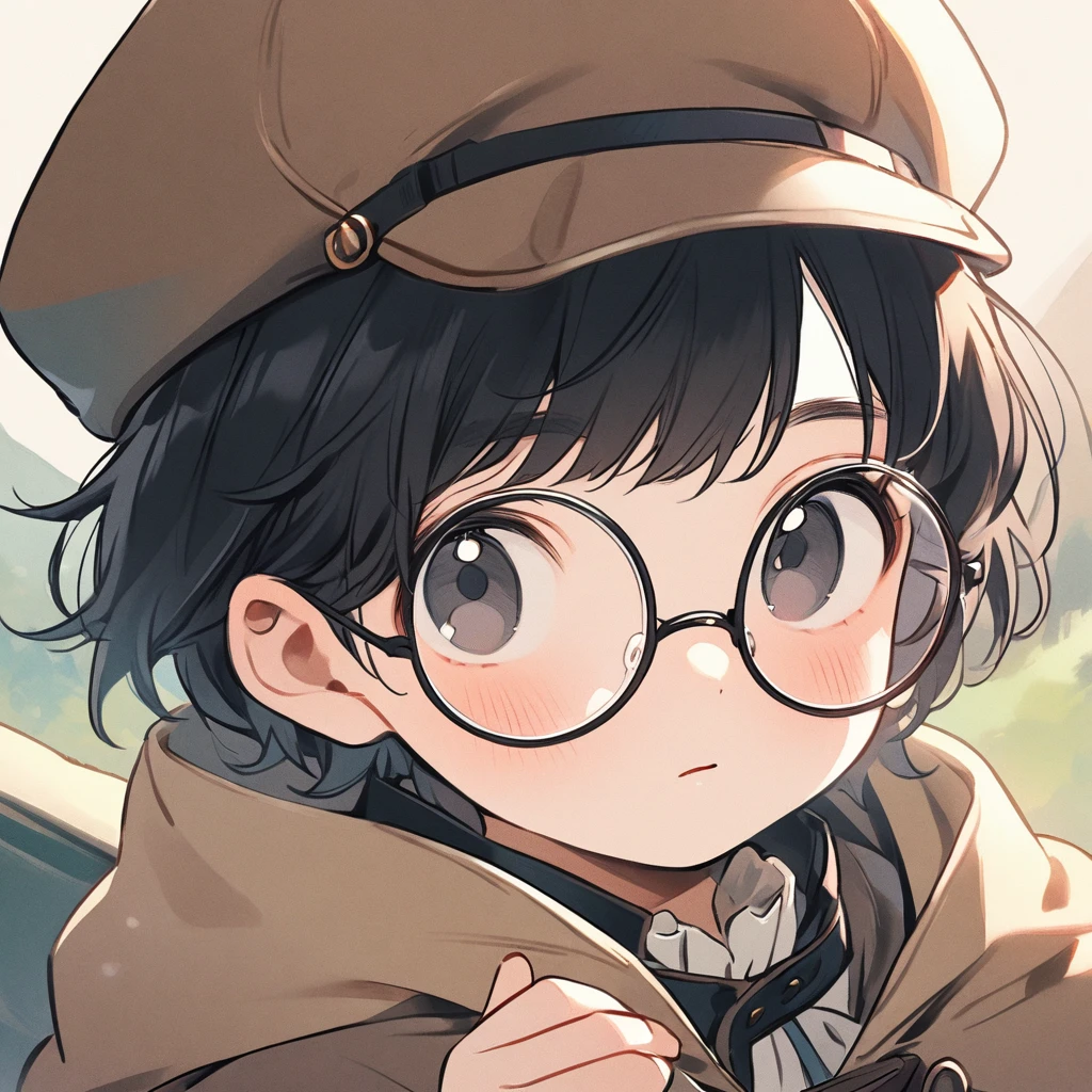 Boy, black hair, pastel colors, face close up, adventure, explorer, brown beret, round glasses, simple, black eyes, cute, detective, kid