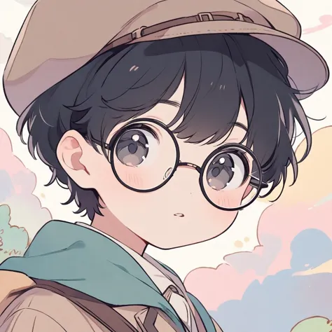 boy, black hair, pastel colors, face close up, adventure, explorer, brown beret, round glasses, simple, black eyes, cute, detect...