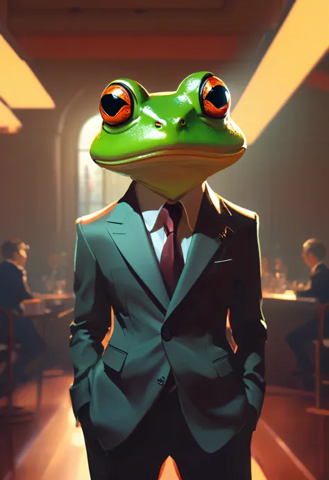 a frog wearing a suit, cinematic lighting, detailed, cell shaded, 4 k, warm colours, concept art, by wlop, ilya kuvshinov, artge...