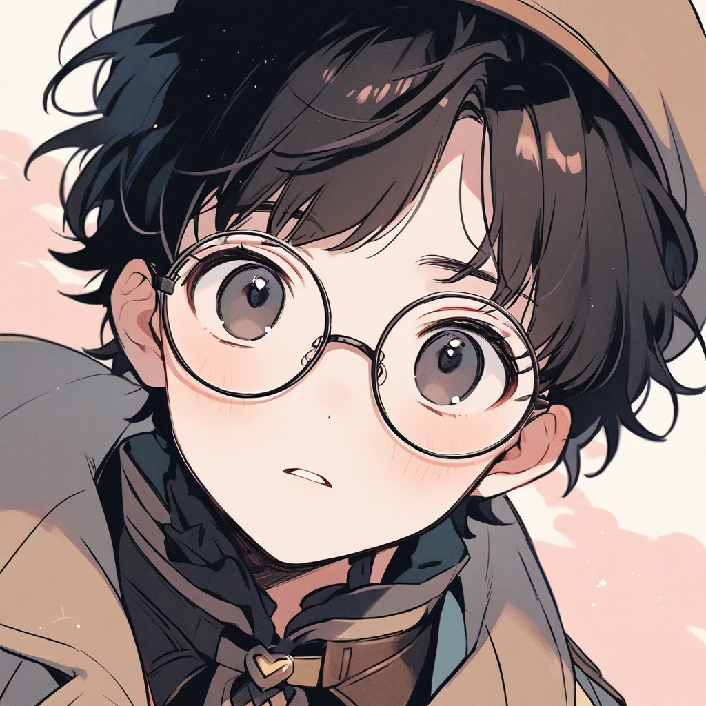 Boy, black hair, pastel colors, face close up, adventure, explorer, brown beret, round glasses, simple, black eyes, cute, detective