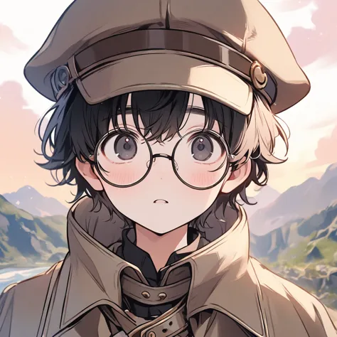 boy, black hair, pastel colors, face close up, adventure, explorer, brown beret, round glasses, simple, black eyes, cute, detect...